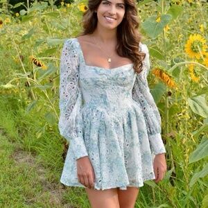 Bardot Lila eyelet flounce floral long sleeve mini dress Revolve size 2